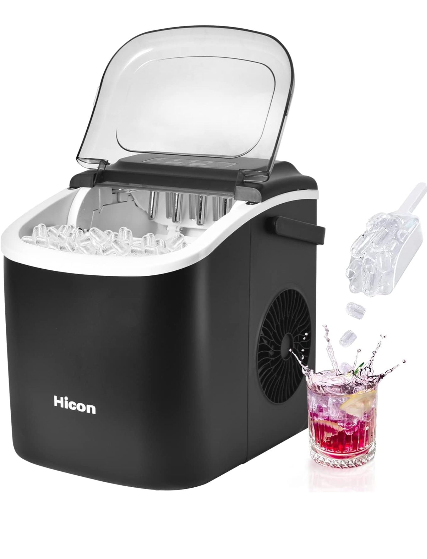 دستگاه یخ ساز HICON یخ ساز گلوله ای 33 پوندی در 24 ساعت، با دسته و عملکرد تمیز کردن خودکار، میز با قاشق یخ برای آشپزخانه خانه، کافه ها، قهوه فروشی ها