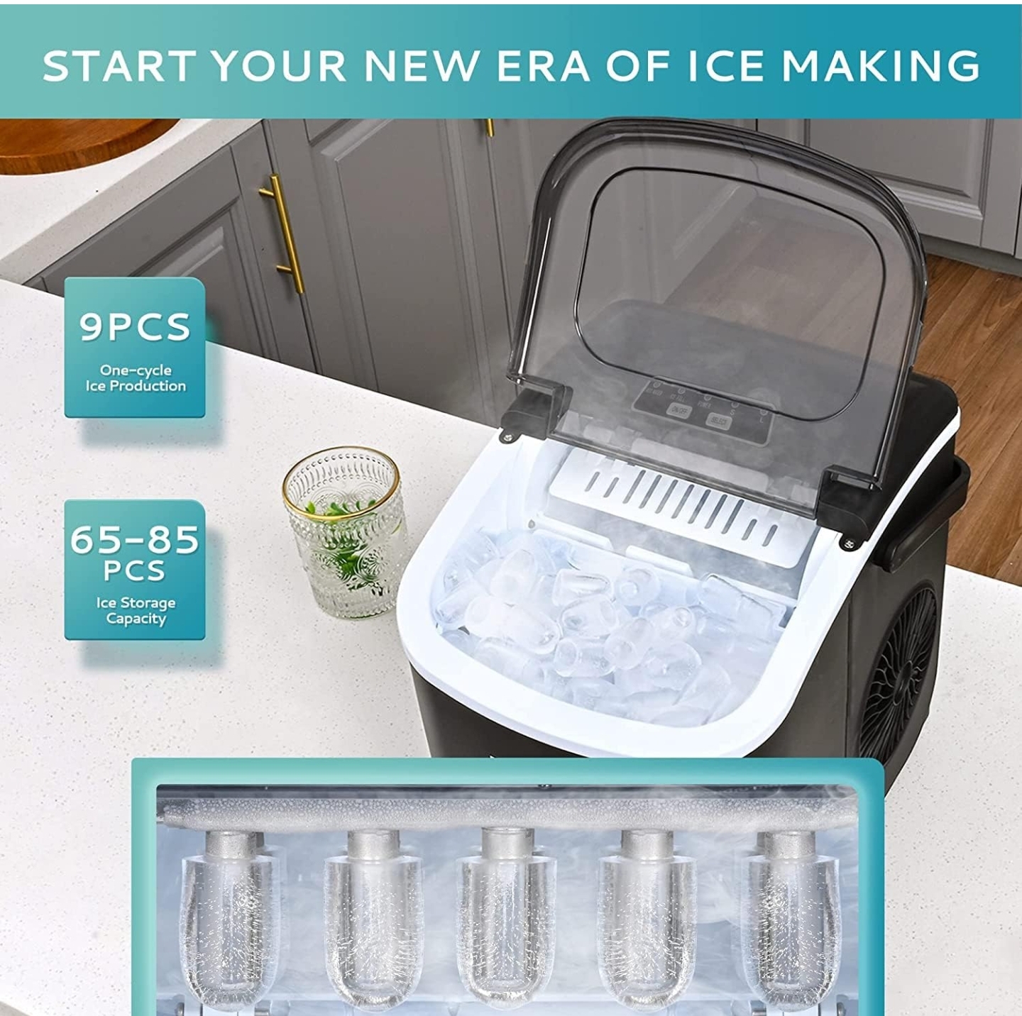 دستگاه یخ ساز HICON یخ ساز گلوله ای 33 پوندی در 24 ساعت، با دسته و عملکرد تمیز کردن خودکار، میز با قاشق یخ برای آشپزخانه خانه، کافه ها، قهوه فروشی ها